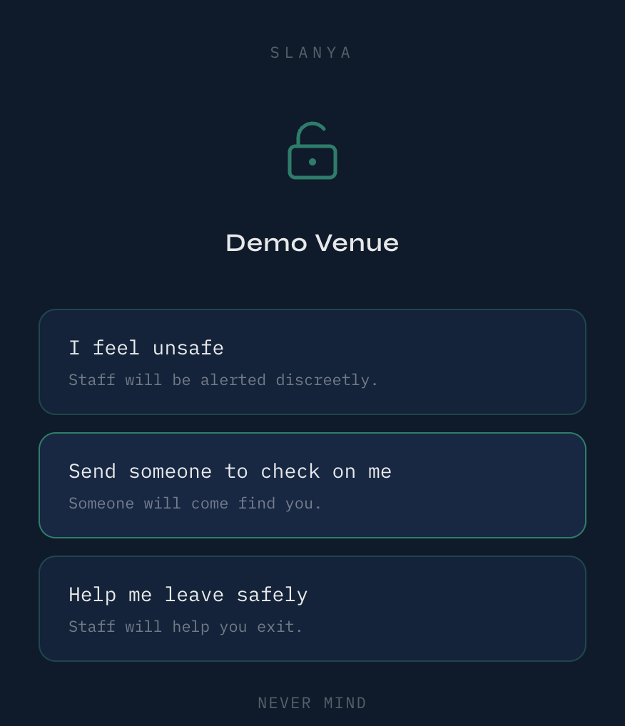 The patron-facing alert screen, showing the three discreet help options